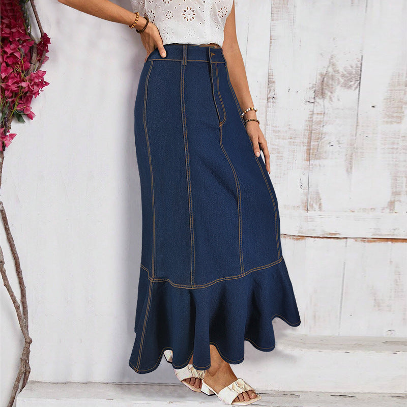 Women Button Elegant Fishtail Denim Skirt