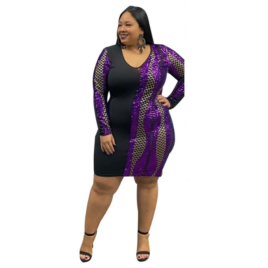 Women's V-Neck Sequin Patchwork Plus Size Dress 5
