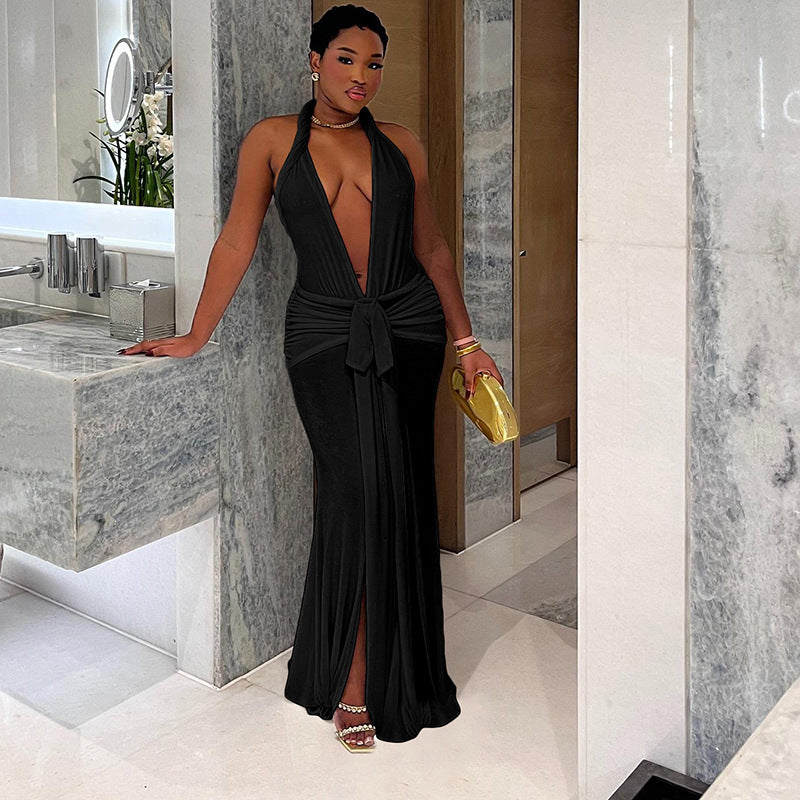 Women Sexy Backless Halter Neck V-neck Solid Slit Dress 7