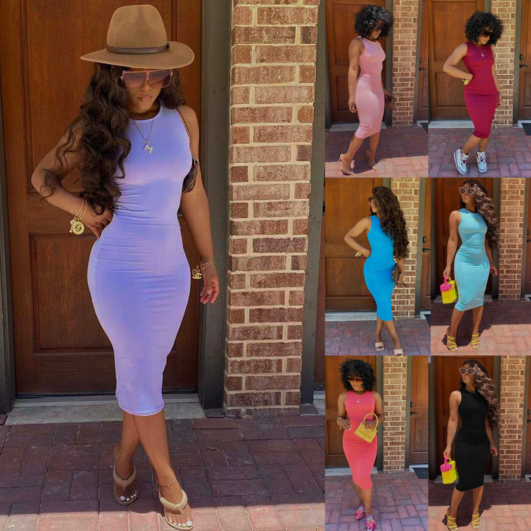 Women's Spring/Summer Sexy Round Neck Solid Color Multicolor Bodycon Dress