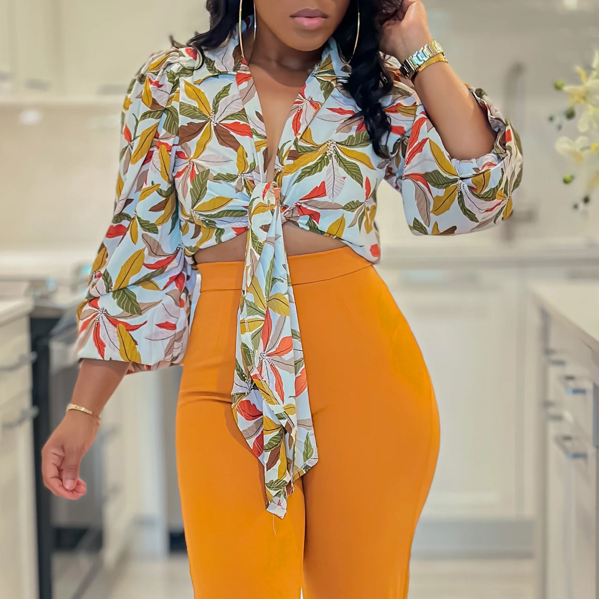 Fashionable Women's Printed Turndown Collar Lace-Up Long Sleeve Shirt 3