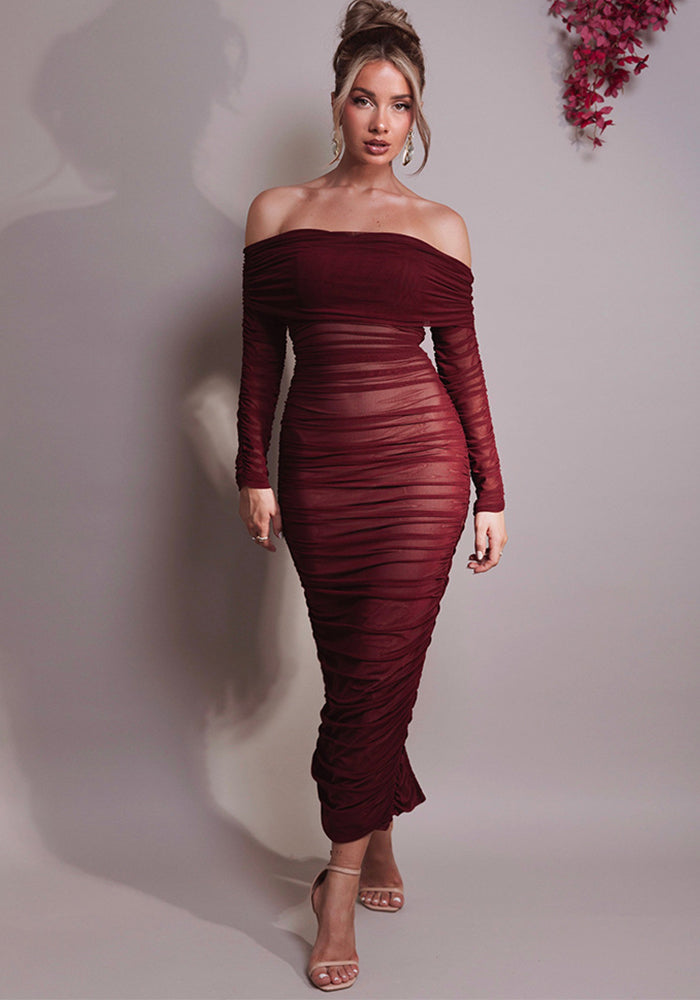 Women Autumn Bodycon Sexy Mesh Off Shoulder Gathered Dress