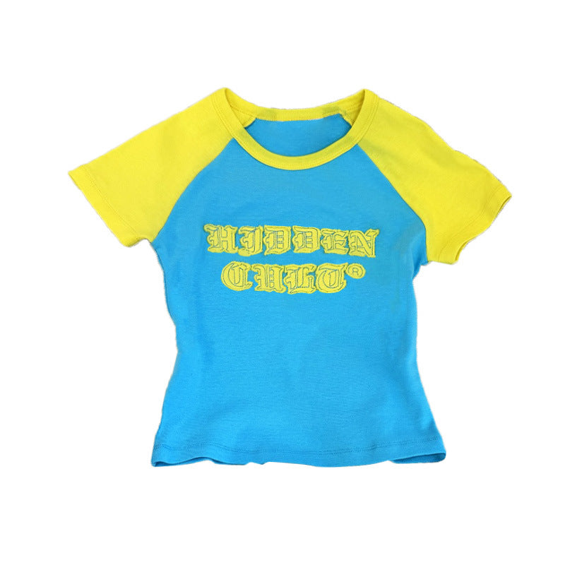 Women American style patchwork letter short-sleeved top and shorts two-piece set 19