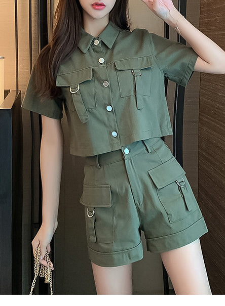 Two-piece summer Cargo style short-sleeved jacket wide-leg shorts women's suit 3