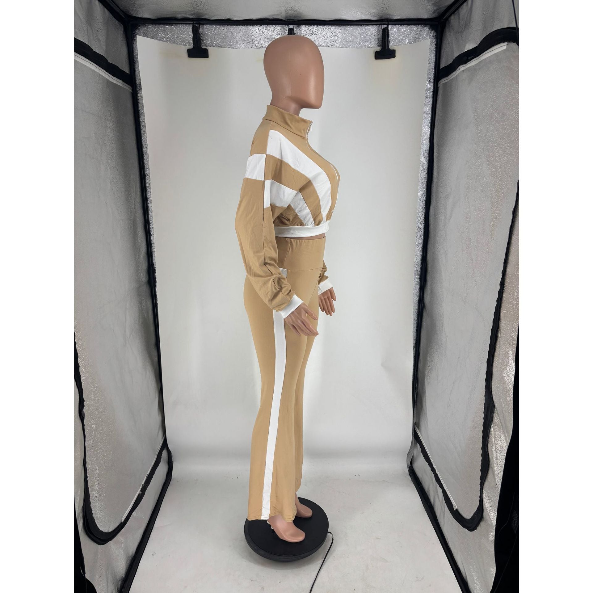 Women's Chic Casual Color-Block Long-Sleeve Zipper Top Slim Fit Bell Bottom Pants Set 16