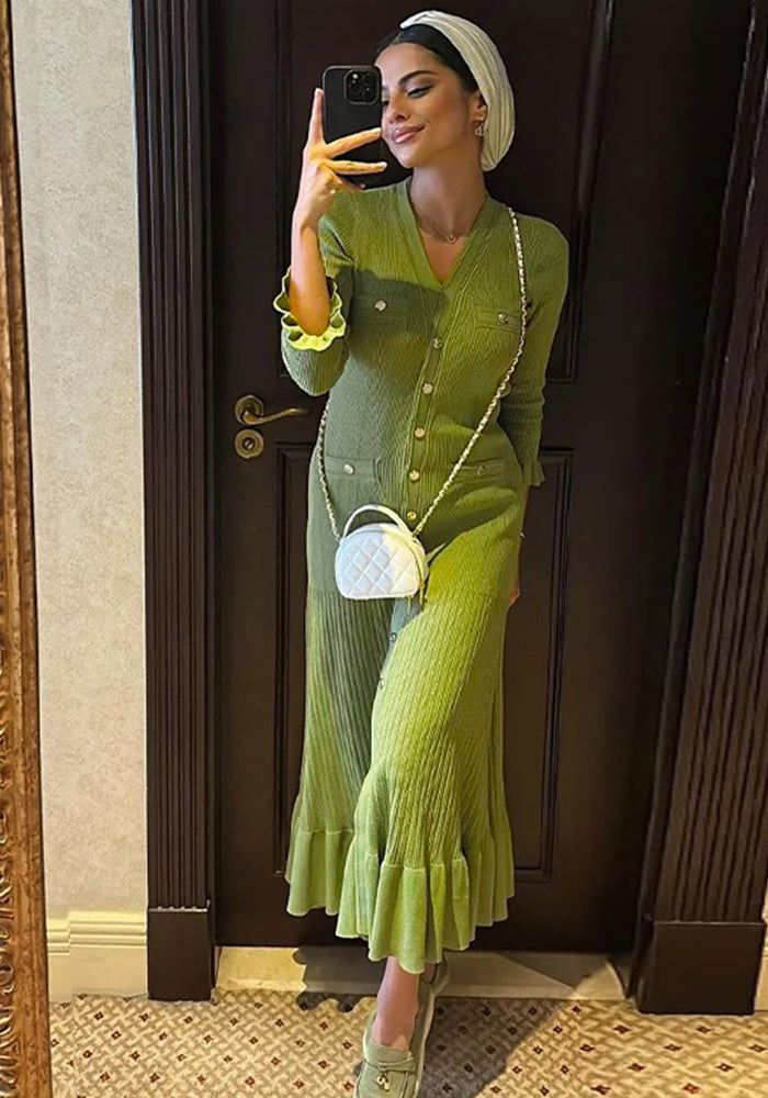 Women Fall/Winter Long-Sleeved V-Neck Ruffled Knitting Dress