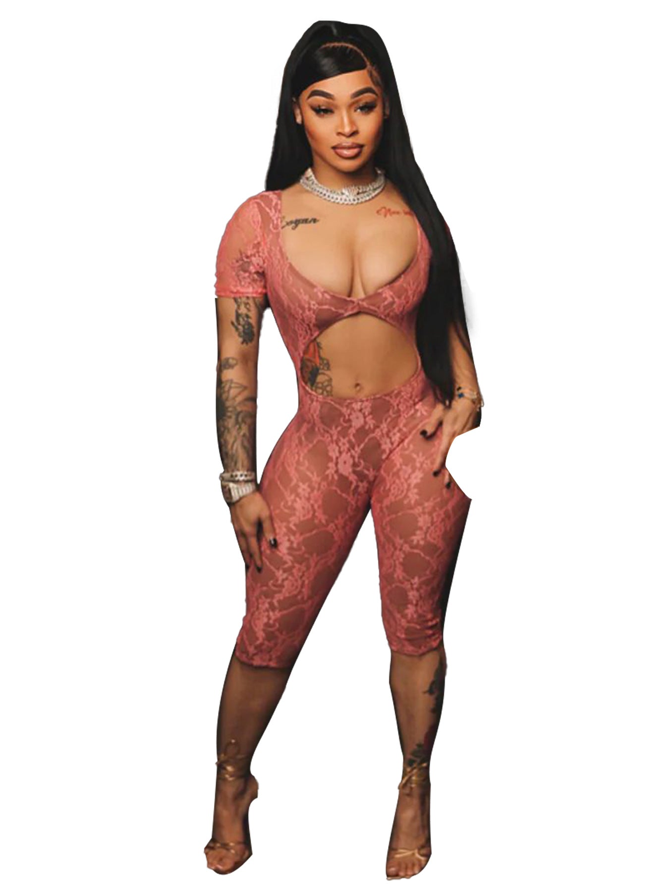 Women's Sexy See Through Lace U Neck Short Sleeve Jumpsuit 11