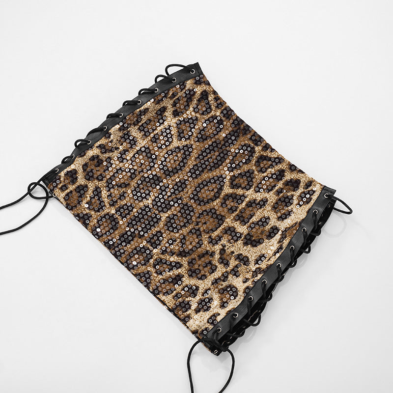 Women's spring and summer leopard print sequin low waist hollow slit Lace-Up skirt 13