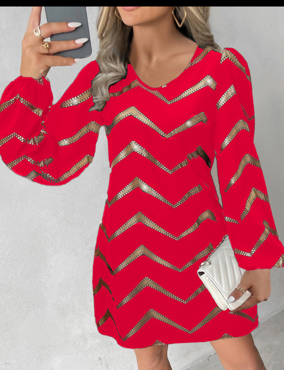 Women long sleeve printed u-neck puff sleeve dress 12