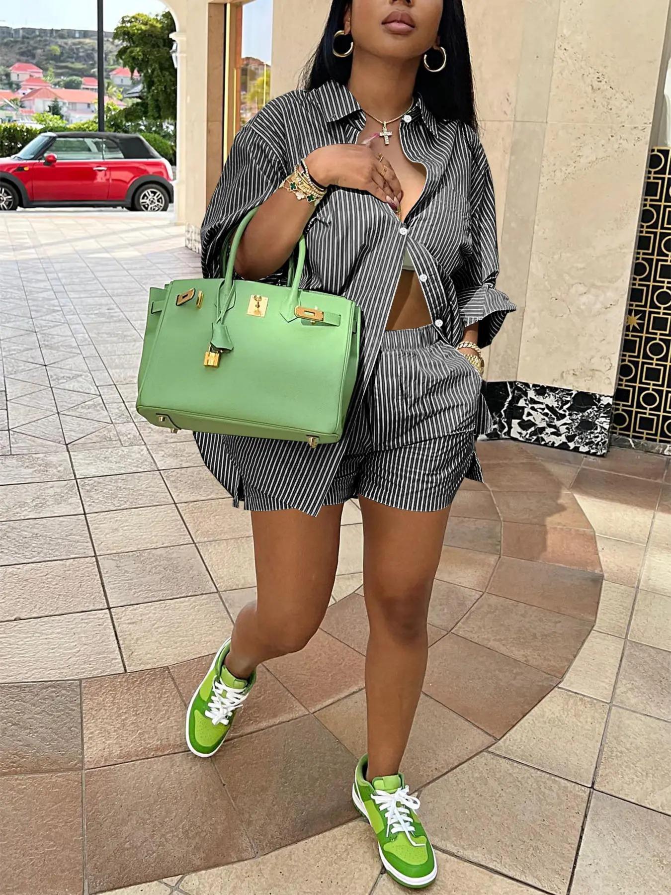 Women Spring Summer Holidays Long Sleeve Shirt Striped Shorts Two Piece Set 3