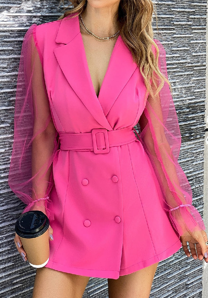 Spring Sexy See-Through Mesh Long Sleeve Double Breasted Slim Waist Chic Women Blazer Dress