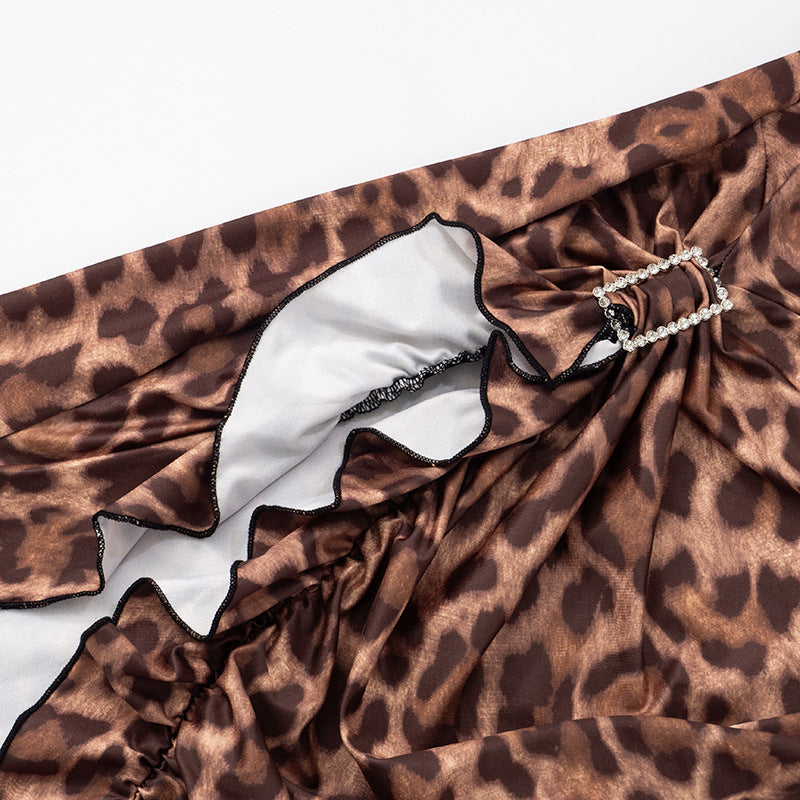 Summer Women's Sexy Low Back Halter Neck Lace-up Asymmetric Leopard Dress 25