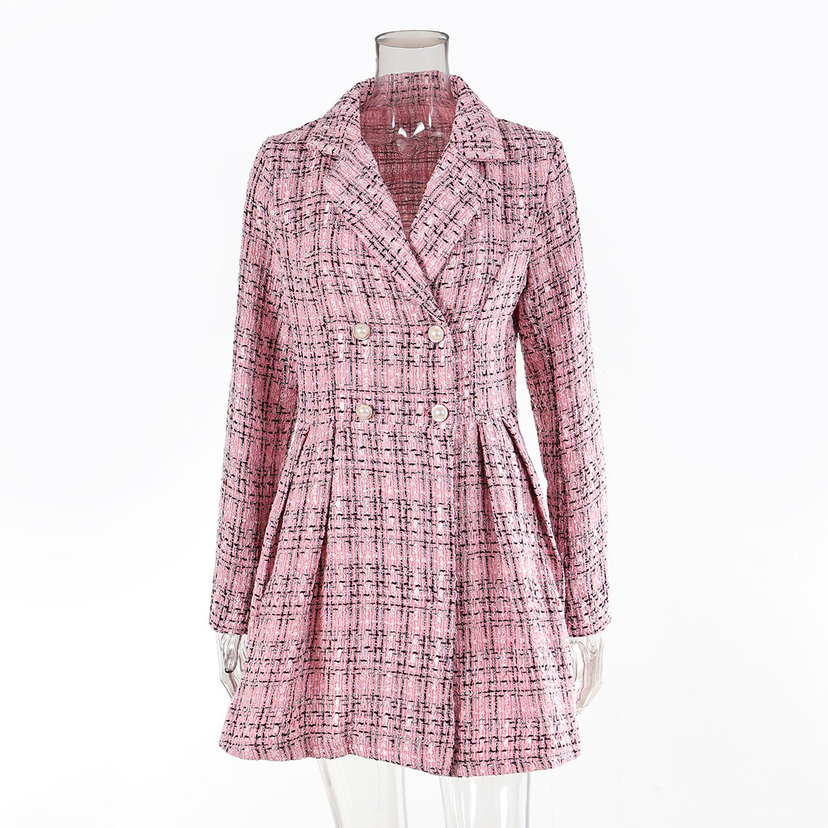 Women's Long Sleeve Turndown Collar Slim Waist A-Line Plaid Dress 11