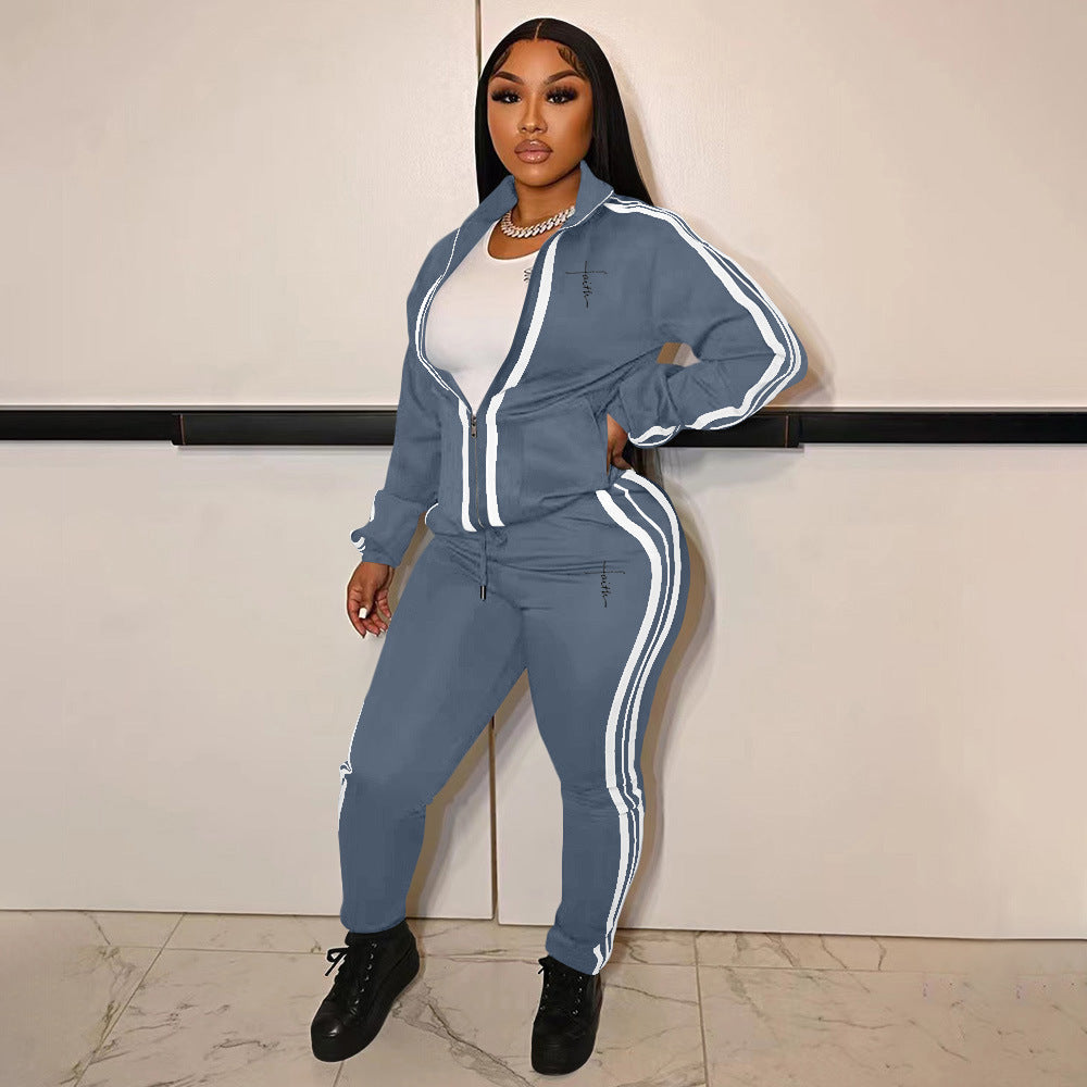Women'S Fashion Casual Patchwork Zipper Two Piece Tracksuit 4