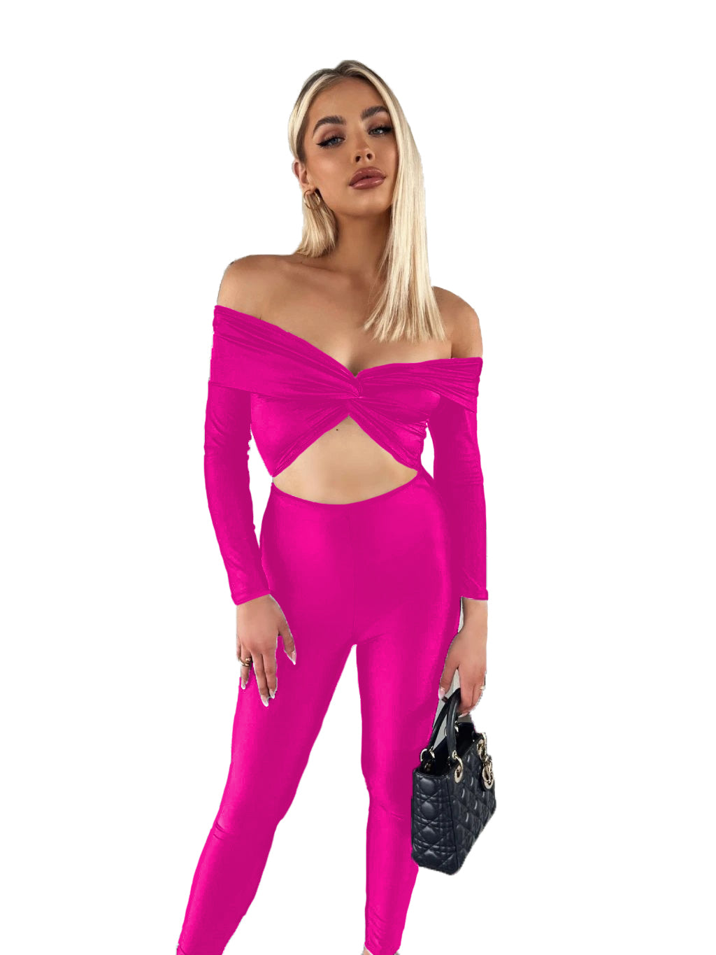 Sexy Women's Solid Color Off Shoulder Hollow Long Sleeve Tight Slim Jumpsuit 12