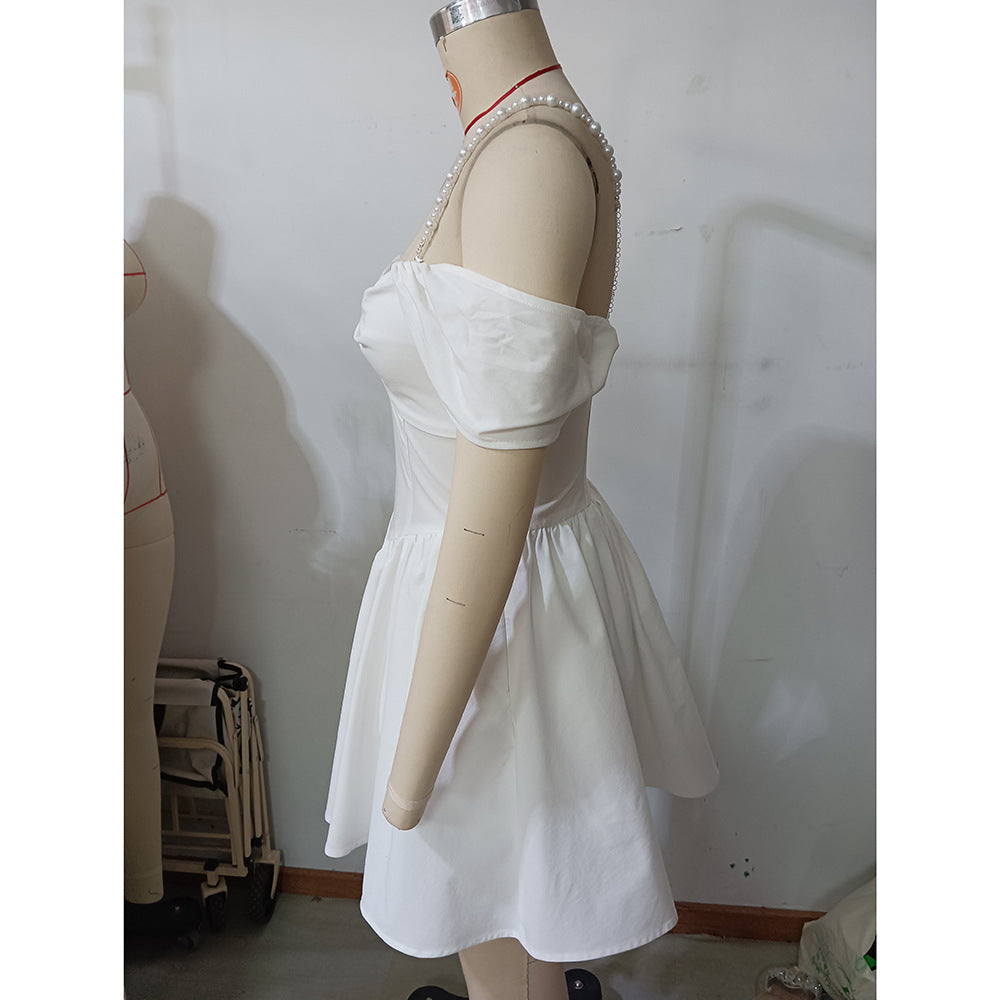 Women Spring Sexy Hollow Pearl Suspender Dress 9