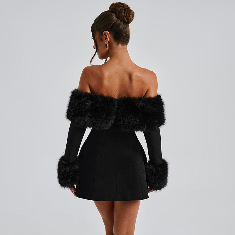 Women Fall Winter Off Shoulder fur collar sexy Dress