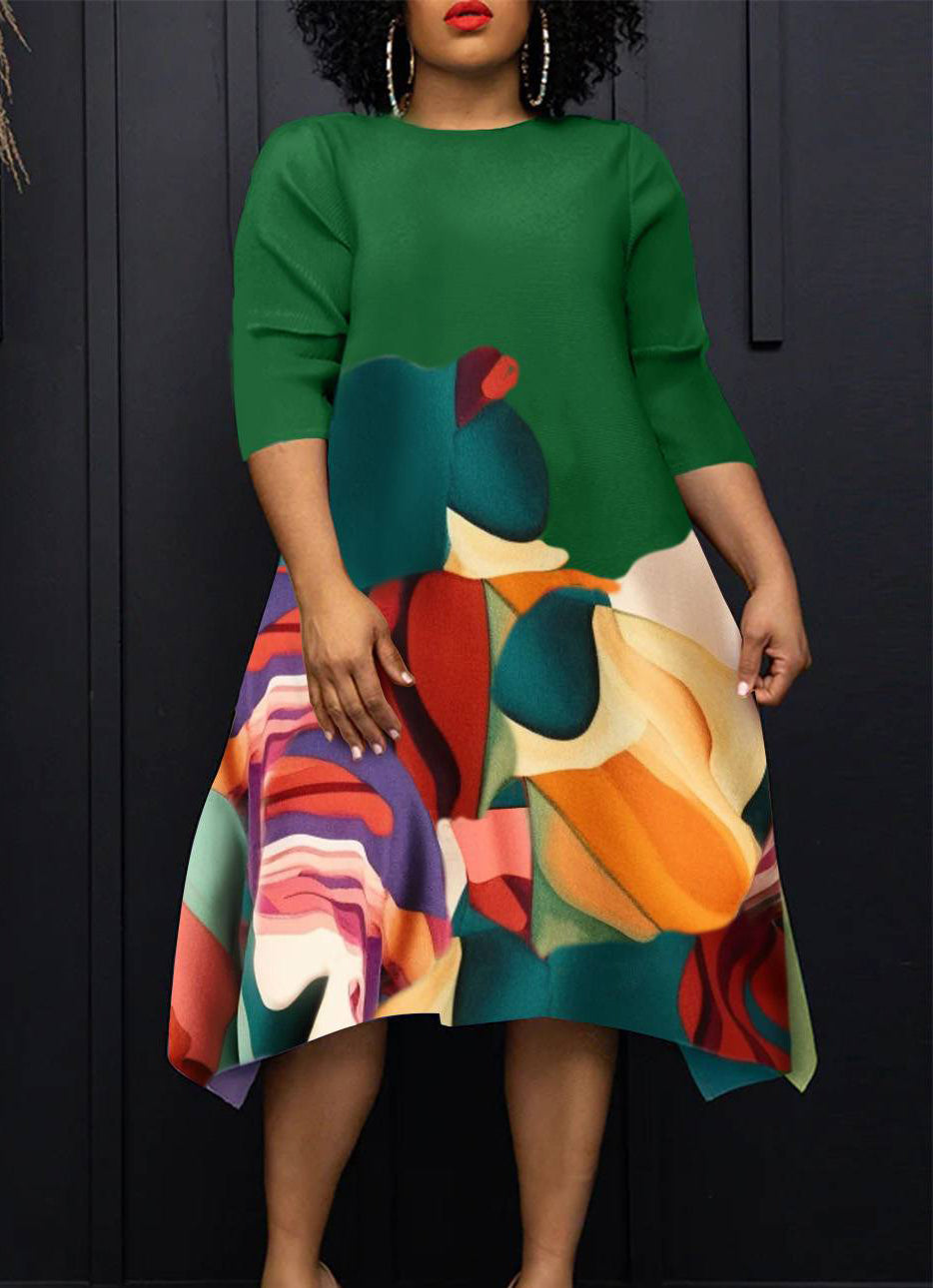 Women Round Neck Casual Contrast Print Dress 4