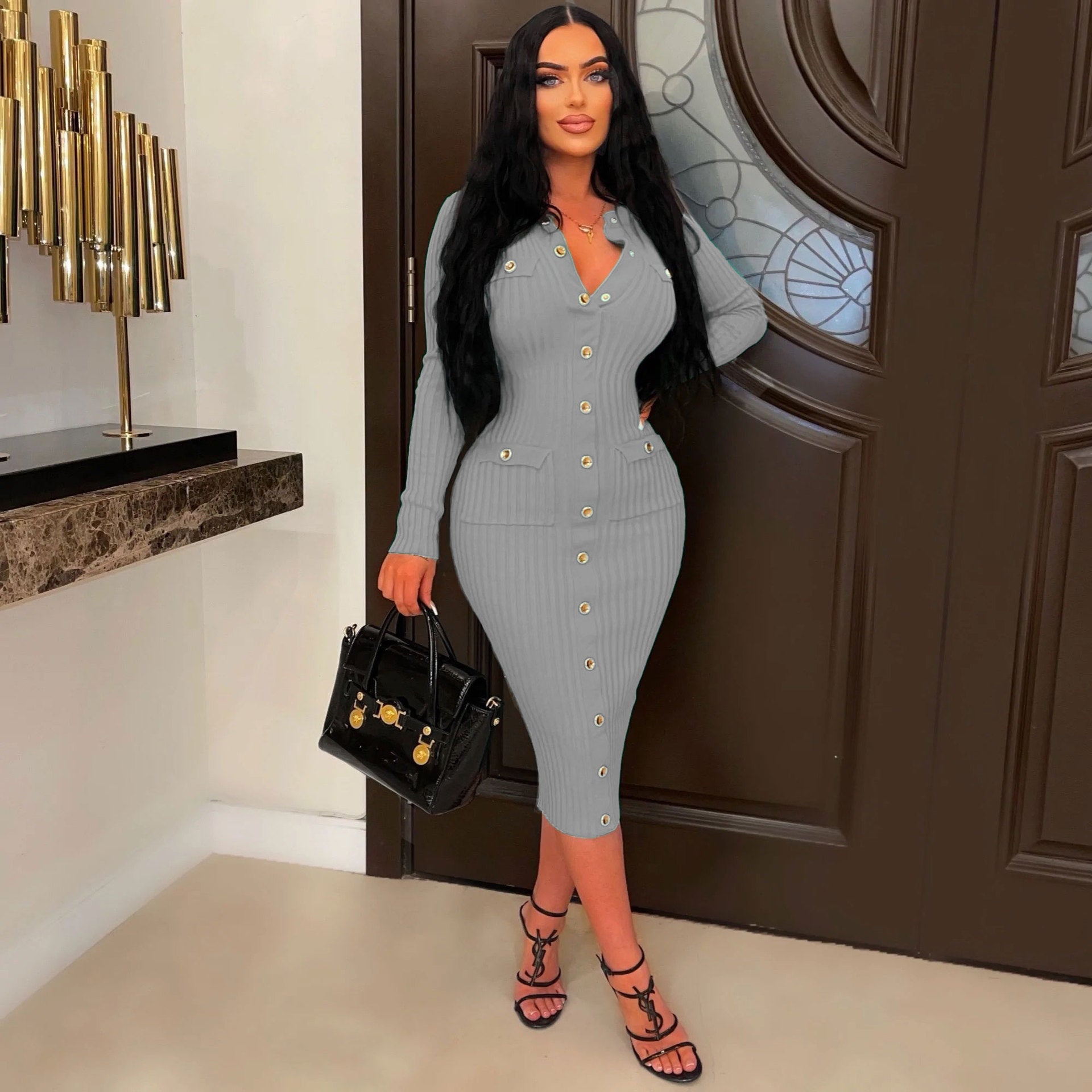 Sexy Slim Fit Solid Color Ribbed Long Bodycon Dress 5