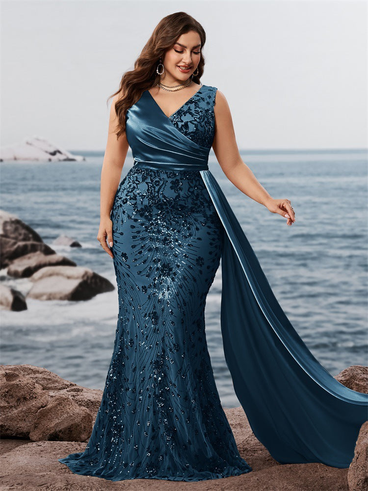 Plus Size Elegant Sequins Patchwork Fitted V-Neck Short Sleeve Cocktail Dress Bridesmaid Gown 6