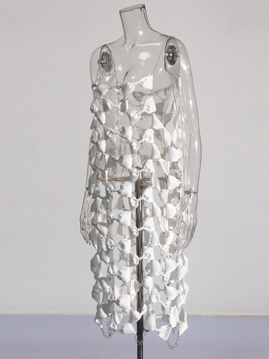 Sexy Solid Color Metal Chain Strap Bow Patchwork Dress 5