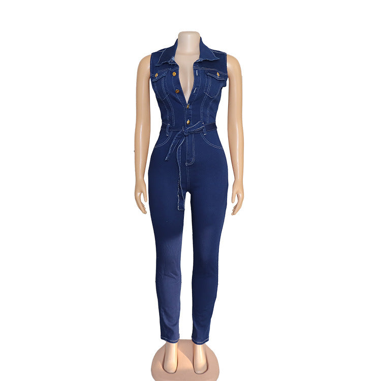 African Women Sexy Sleeveless Lace-up Stretch Casual Denim Jumpsuit 9