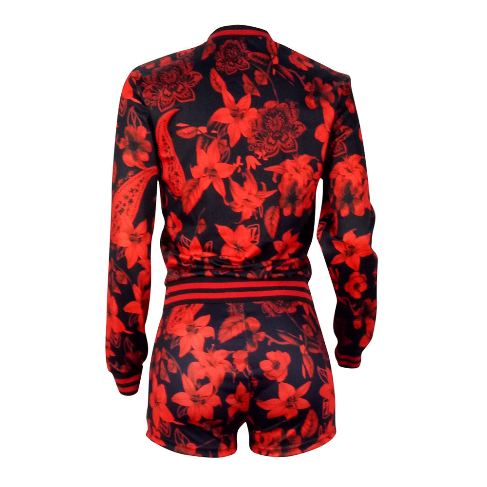 Women Autumn and Winter Style Print Long Sleeve Top And Shorts Two Piece Set 5