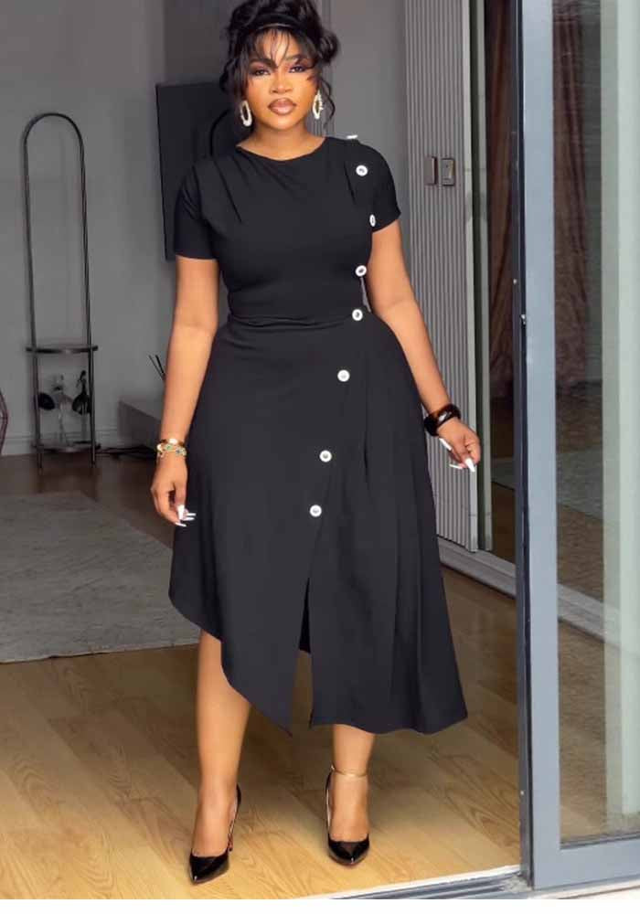 Women elegant Career Round Neck button decoration irregular slit pleated dress