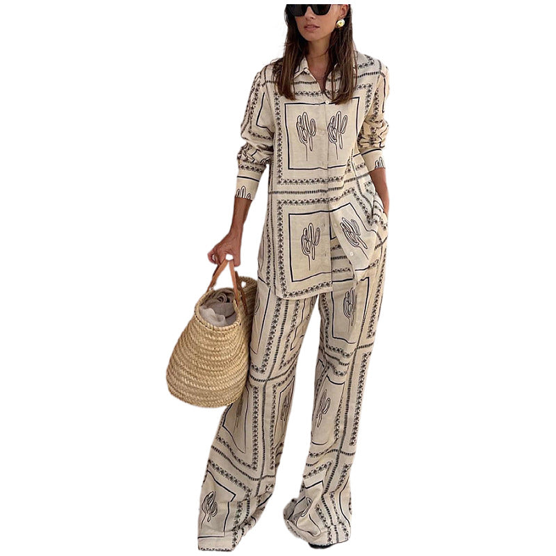 Printed Long-Sleeved Shirt And Trousers Two-Piece Set Home Wear 6