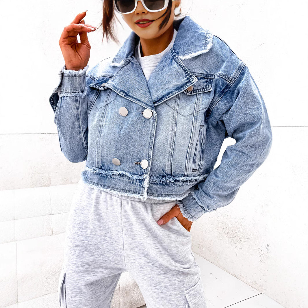 Women Collar Washed Raw Edge Denim Long Sleeve Jacket 7