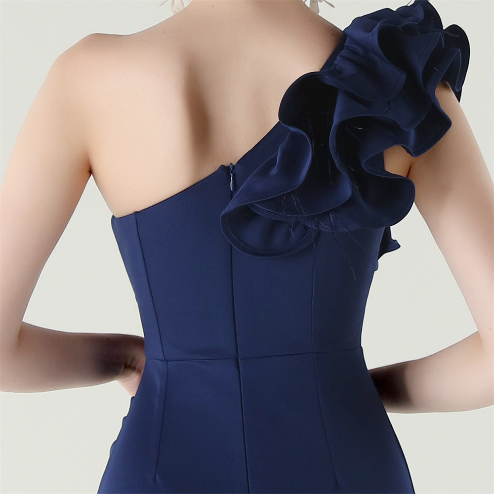 Women One-Shoulder Beaded Wool and Floral Satin Slit Sexy Evening Dress 54