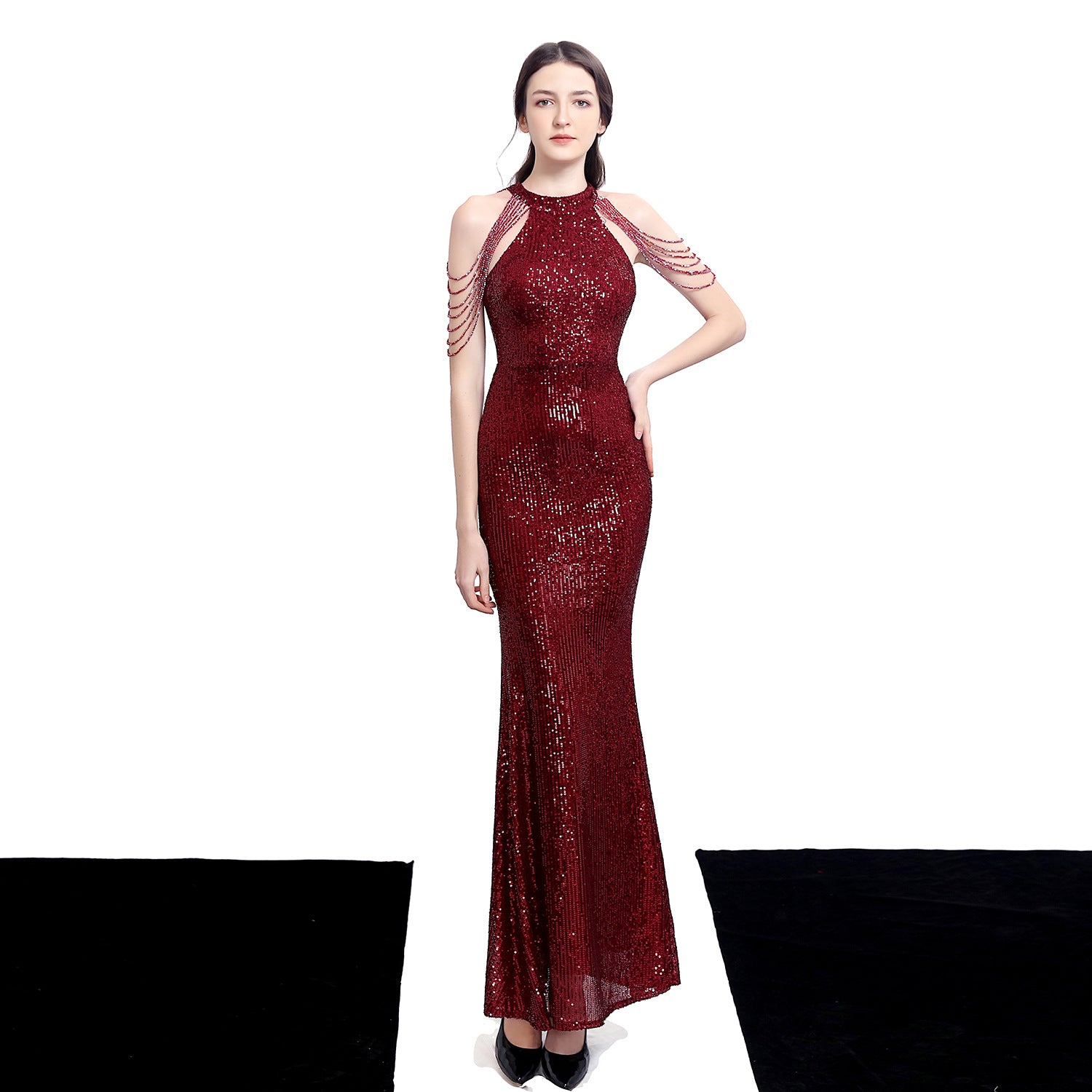 Women Elegant Long Halter Sequins Fishtail Evening Dress 6