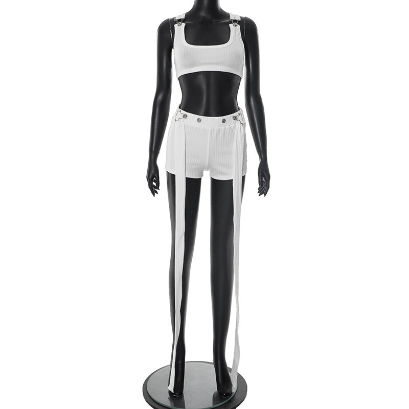 Women's Spring-Summer Ribbed Halter Buckle Vest with Loose Ribbon Shorts Set 8
