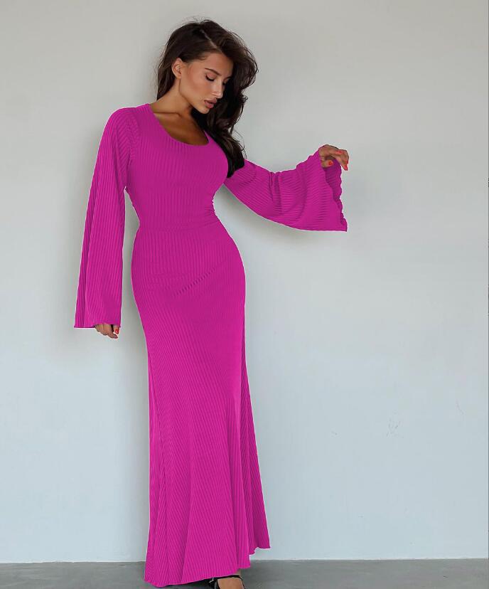 Women Autumn Loose U-neck Lace-up Long Sleeve Dress 17