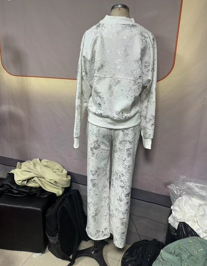 Women summer sequin print zipper casual top and pant two-piece set 16