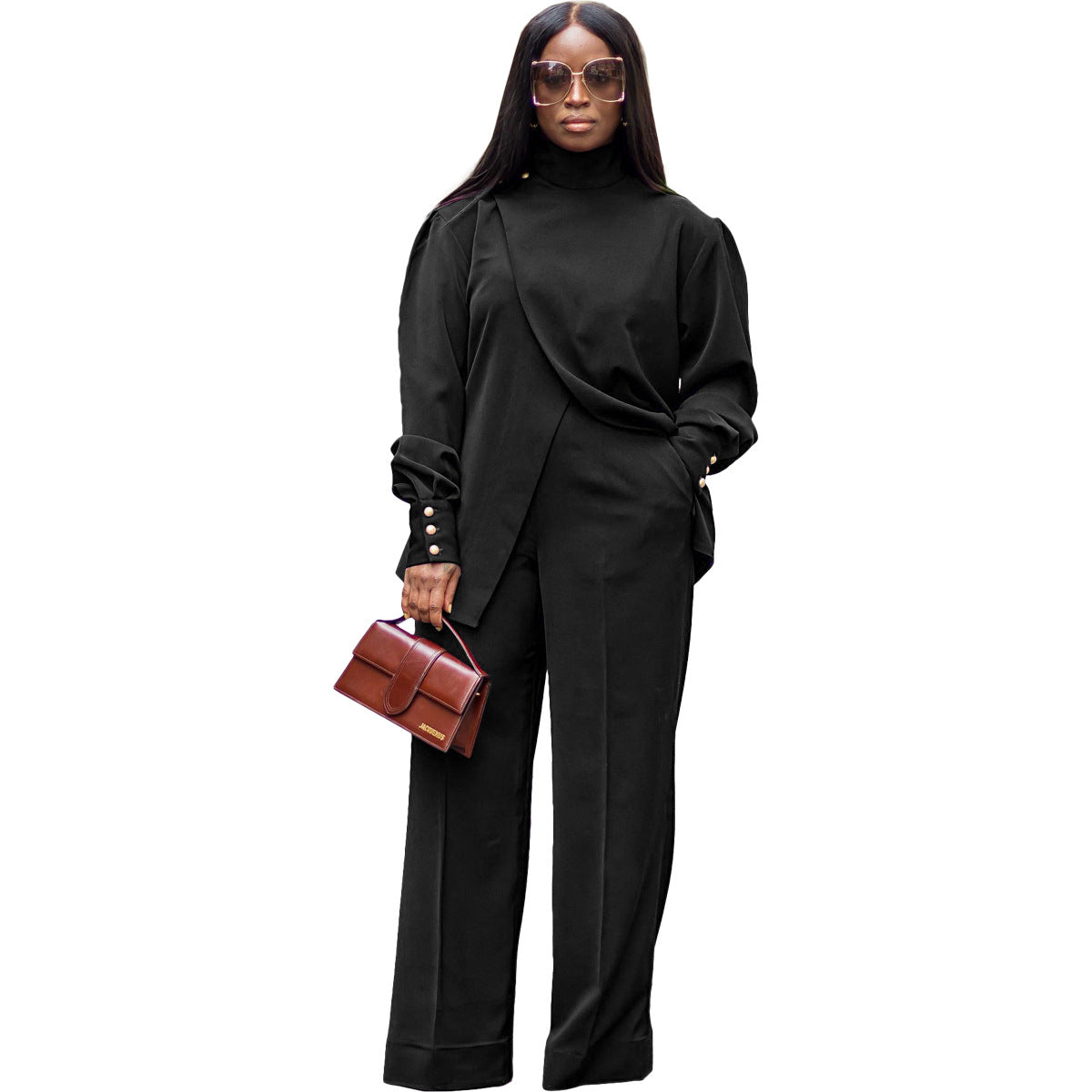 Women Turtleneck Irregular Slit Long Sleeves Top and Pant Casual Two-Piece Set 7