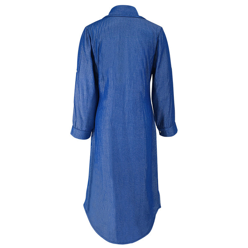 Spring Autumn Fashion Turndown Collar Button Denim Long Sleeve Long Dress 9