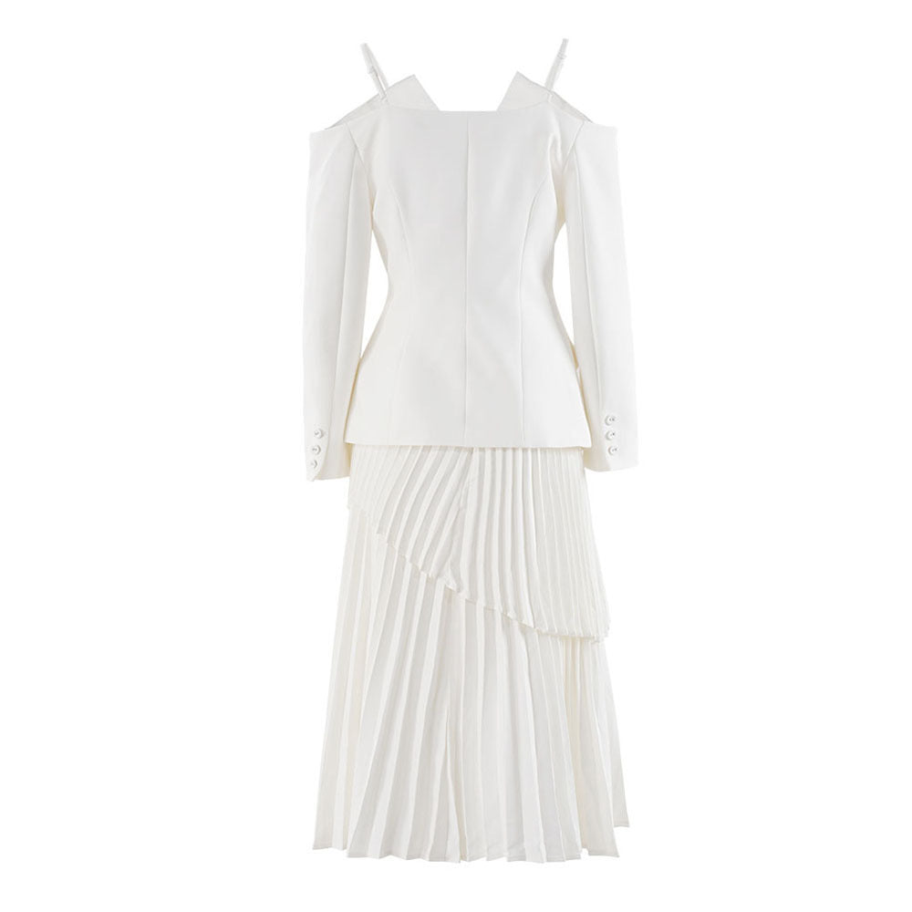 Off-Shoulder Strap Top High-Waist Pleated Skirt Two Piece Set 12