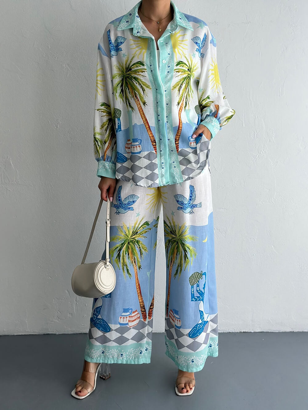 Women Style Printed Linen Long Sleeve Shirt and Pants Two-Piece Set 7