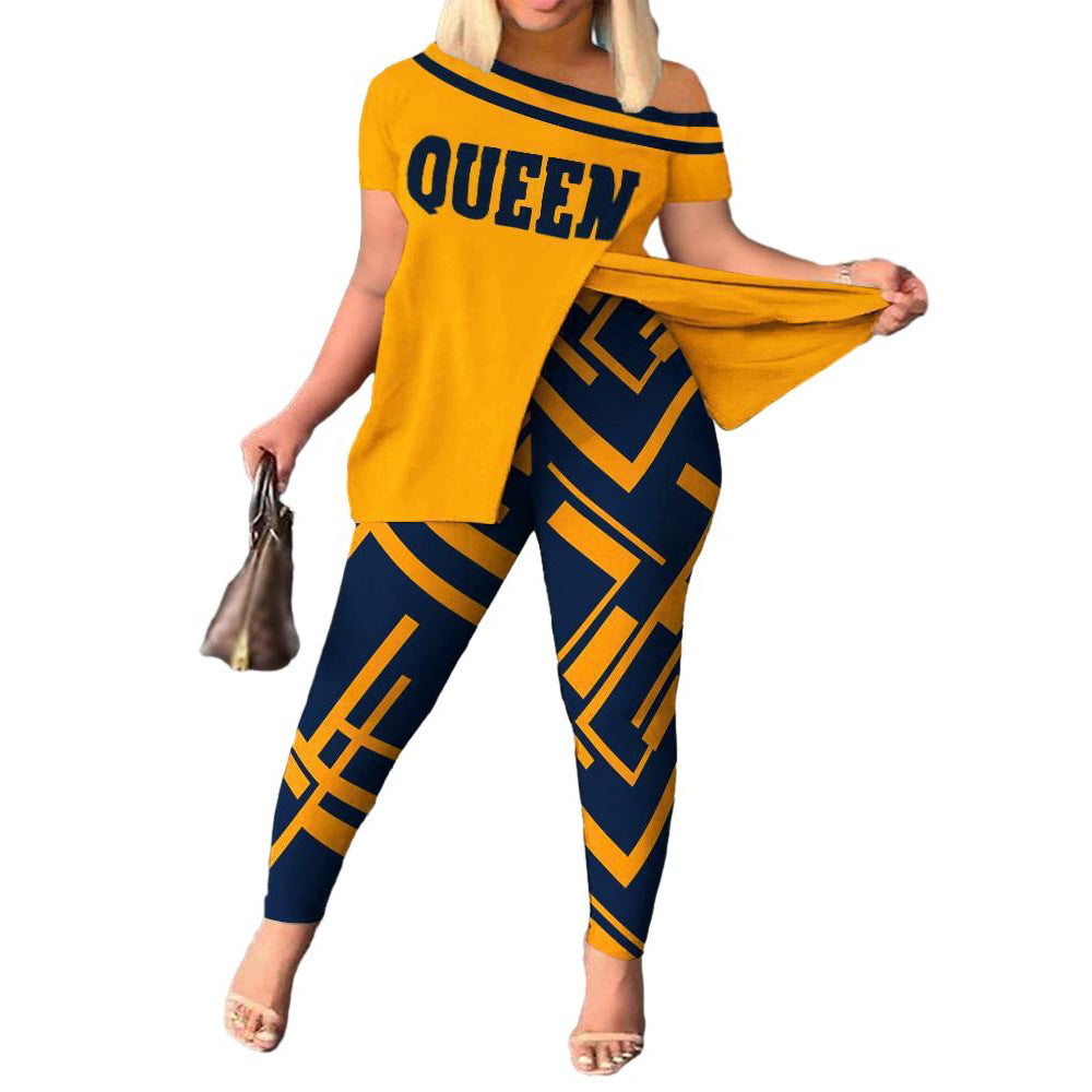 Women's Casual Fashion Graphic Print Slit Short Sleeve Top Pants Two Piece Set 19