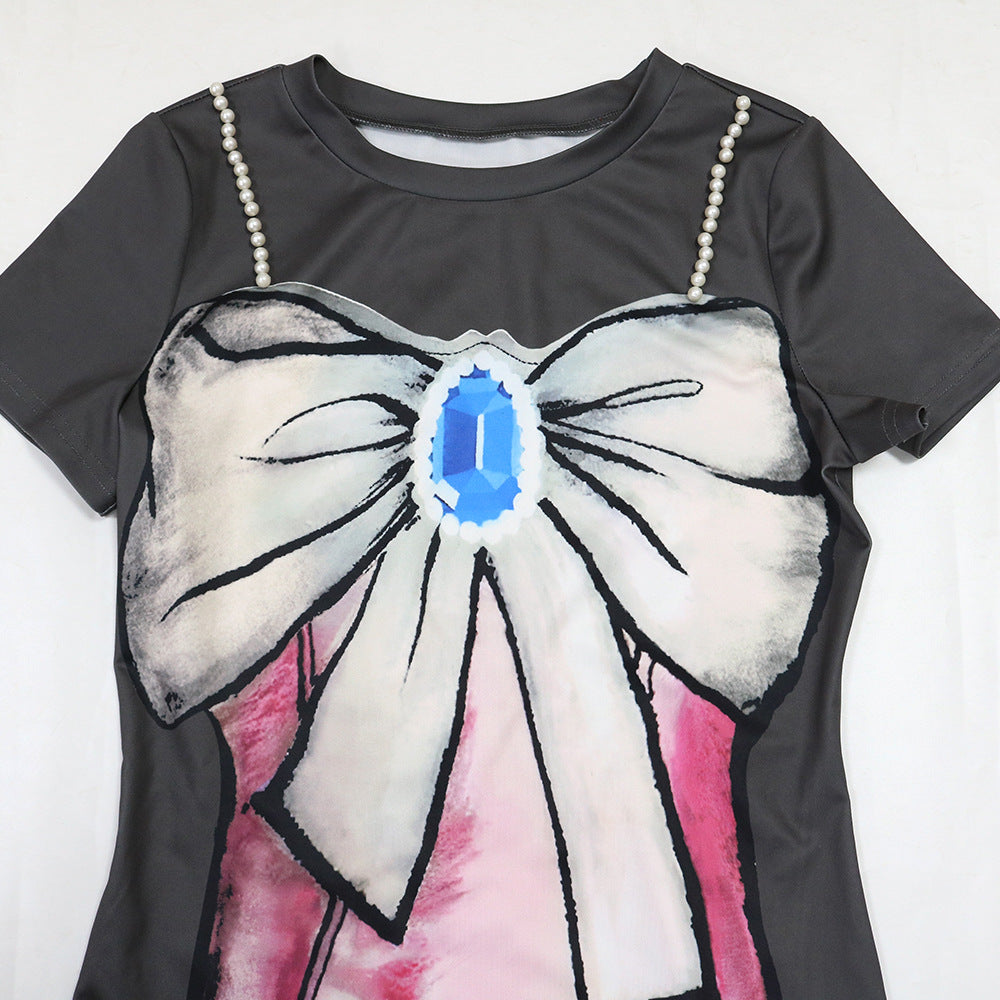 Fashion Round Neck Printed High Slit Slim Long Dress 10