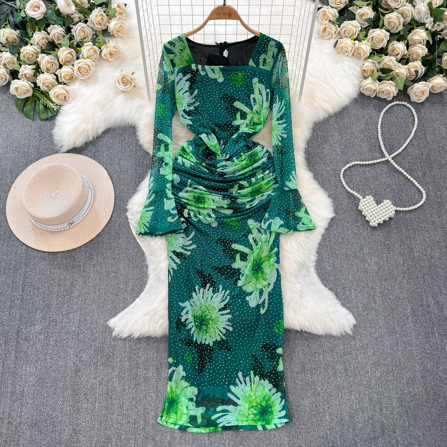 Long-Sleeved Square Neck Chic Slim Spring Autumn Dress 3