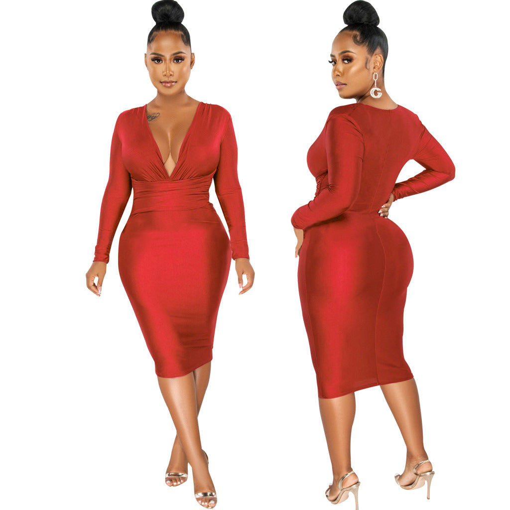 Women Sexy Solid Shiny Long Sleeve V-Neck Dress 10