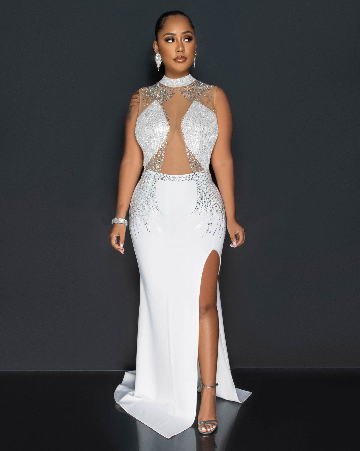 Women Beaded Mesh See-Through Patchwork Sleeveless Slit Dress 3