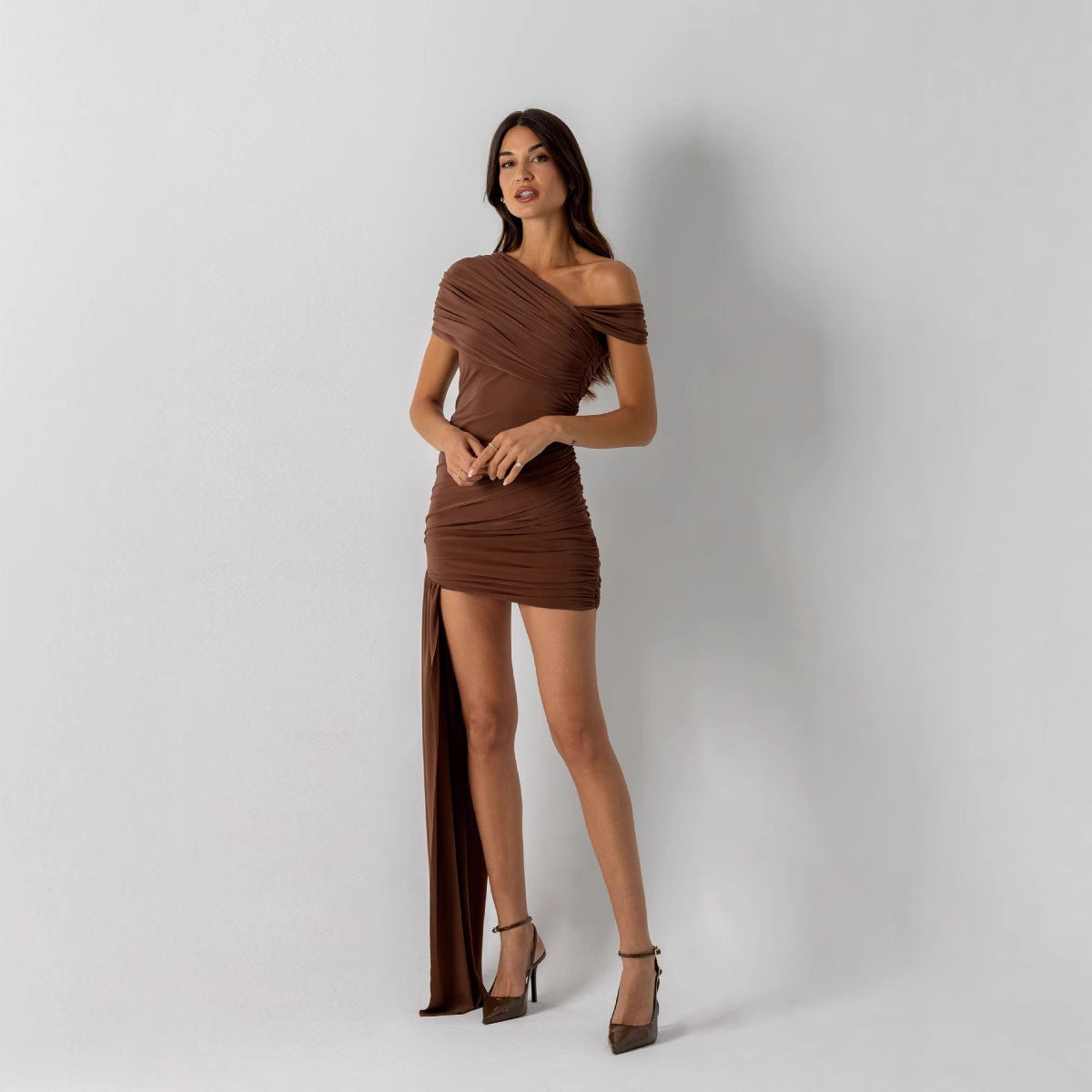Women Slash Shoulder Off-The-Shoulder Pleated Solid Bodycon Dress