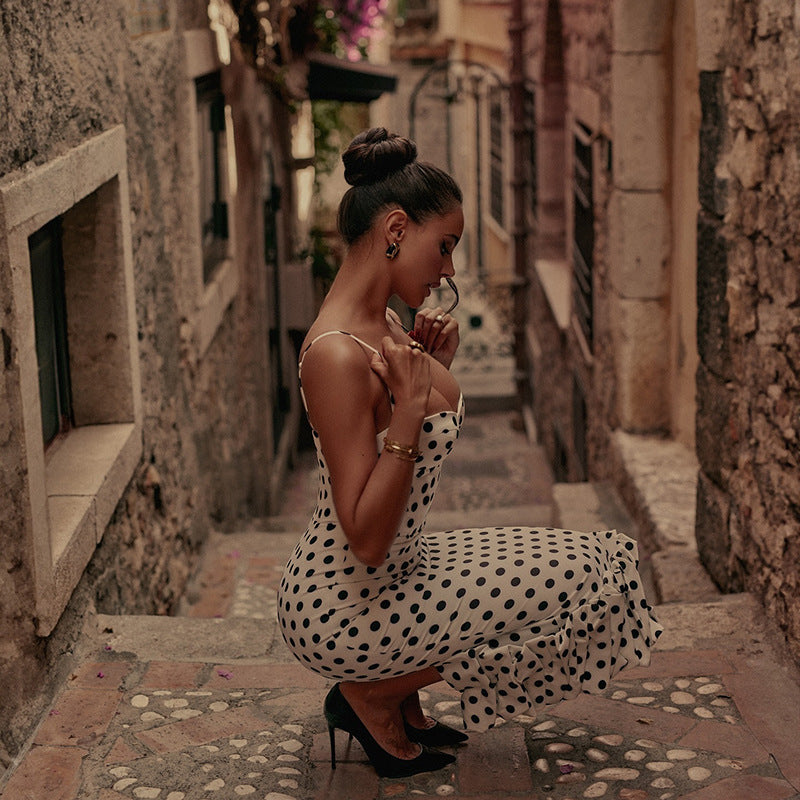 slim waist polka dot pleated Strap long dress 9