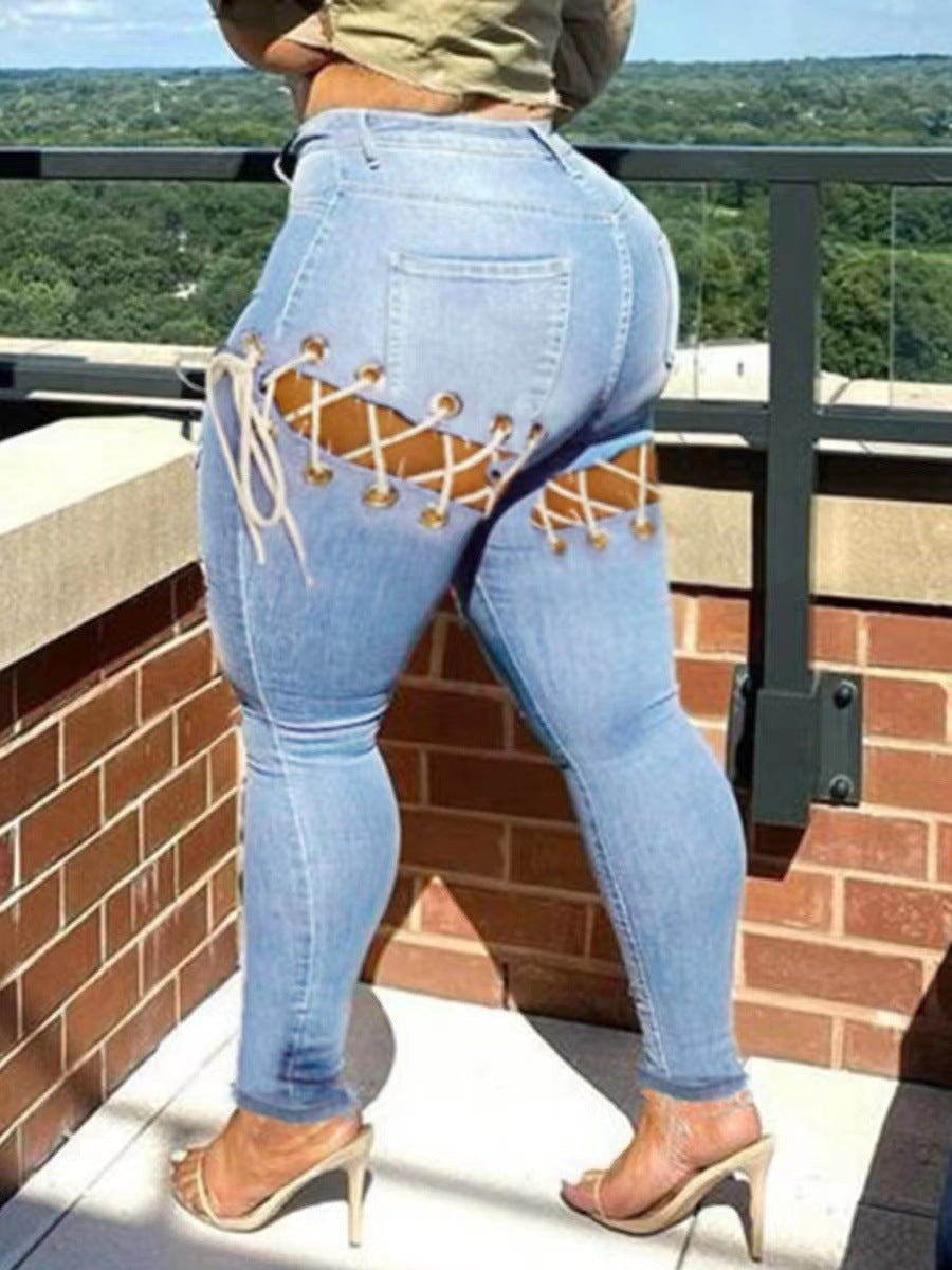 Women's Pants Sexy Baggy Plus Size Pants Casual Butt Hole Lace-Up Denim Pants 6