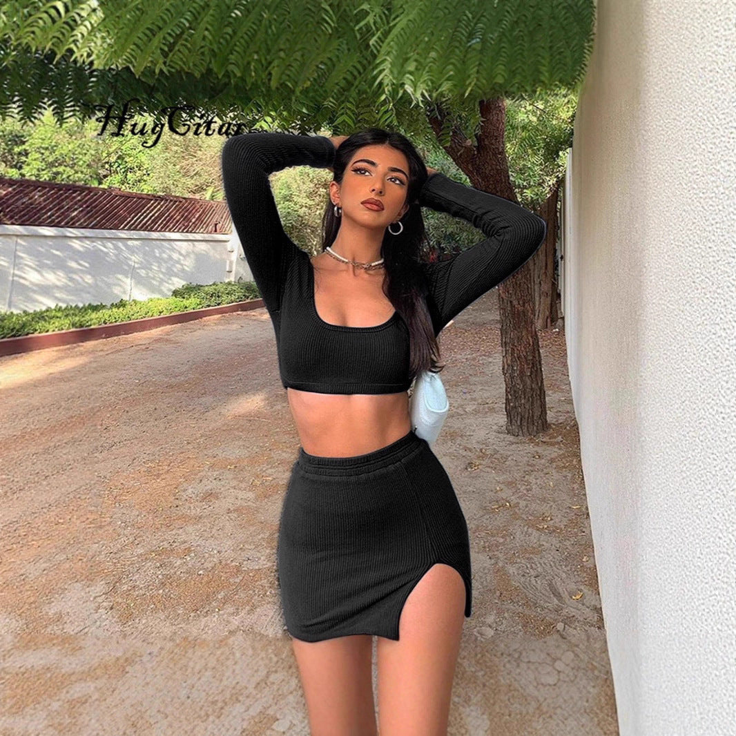 Fashion Women's Rib Long Sleeve Camisole Top Sexy Slit Tight-Fitting Bodycon Short Skirt Set 9