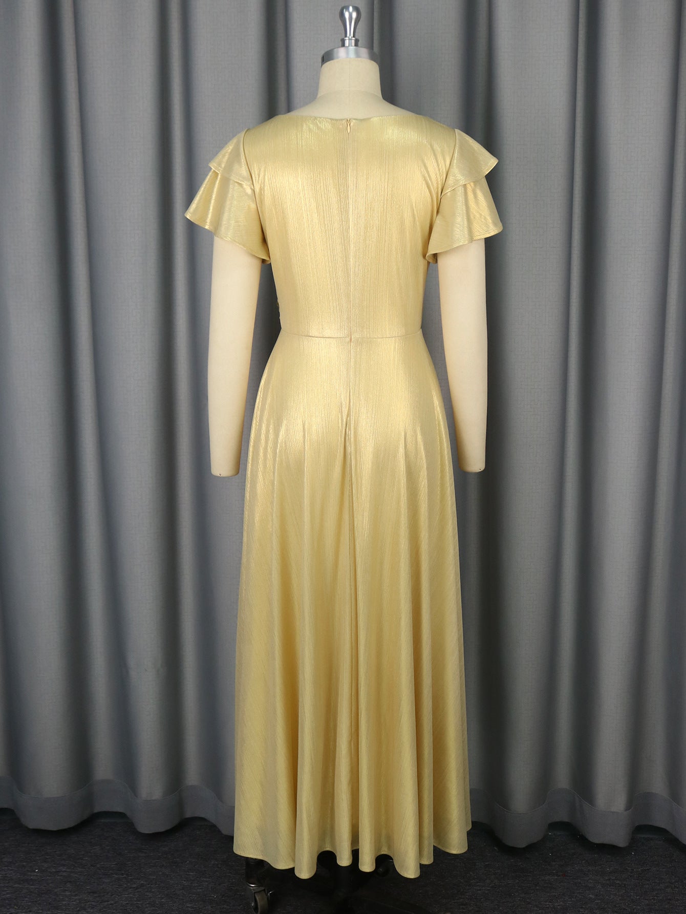 Sexy V-Neck Ruffle-Sleeve Party Dress Chic High-Waist Gold Evening Gown 6