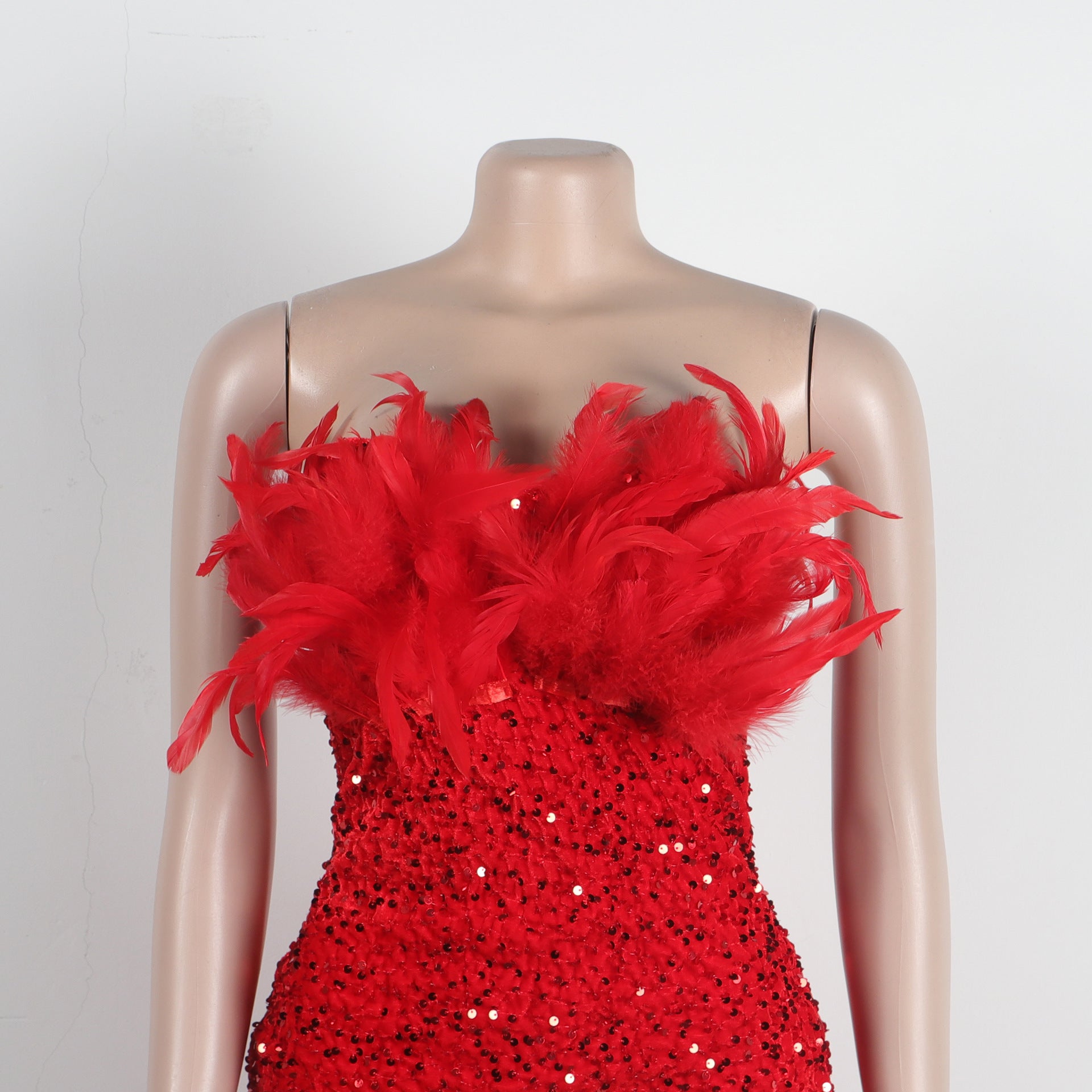 Sexy Feather Sequin Strapless Tight Fitting Slim Bodycon Dress 27
